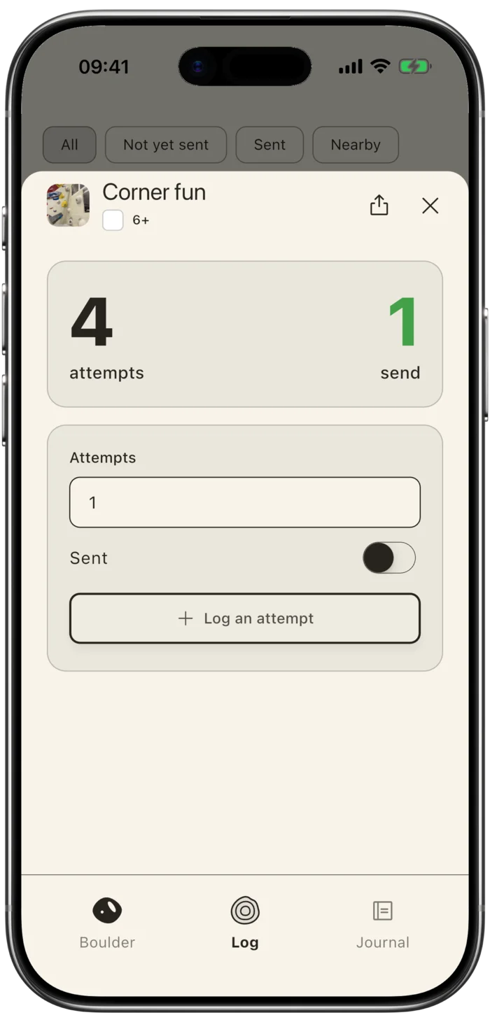 Boulder Log showing four attempts and one send, with a form to log another attempt.