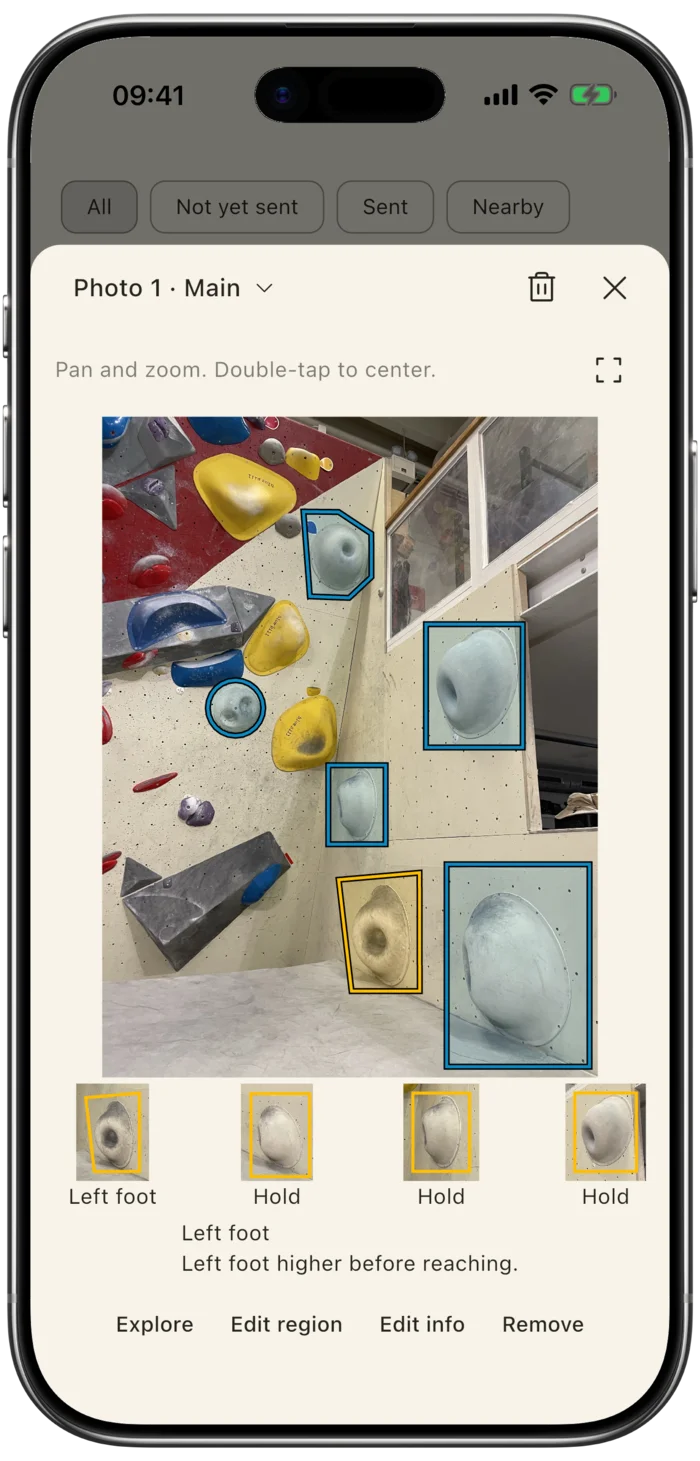 A climbing photo with outlined holds, a selected Left foot hold and the note Left foot higher before reaching.